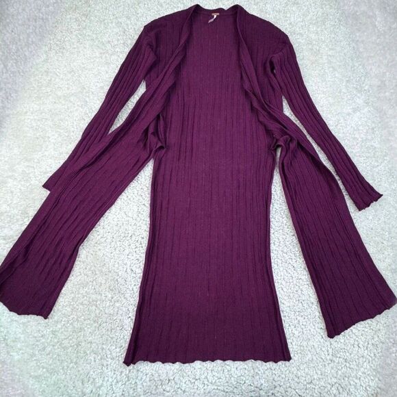 Free People Ribby Rib Linen Blend Long Cardigan Duster Maroon - Picture 8 of 11